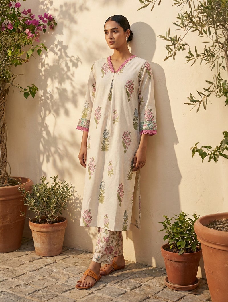 trueBrowns Ivory Floral Boota Print Kurta Pant Set - Image 1